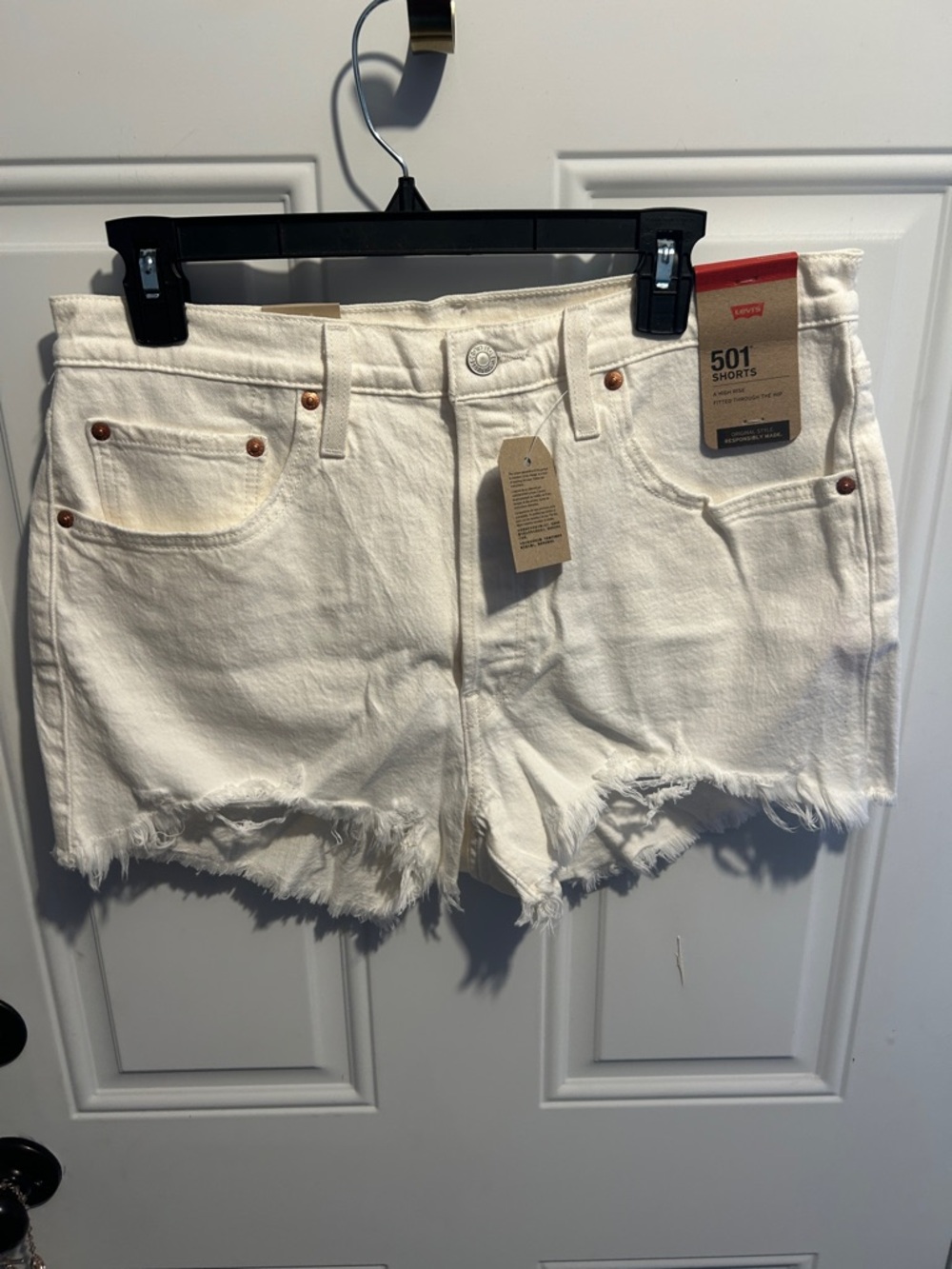 Levi's White 501 Frayed Hem Denim Shorts